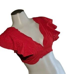 Forever 21 Crop Top Women Small Frilly Eyelets Ruffled Sleeveless Tie Back Red S